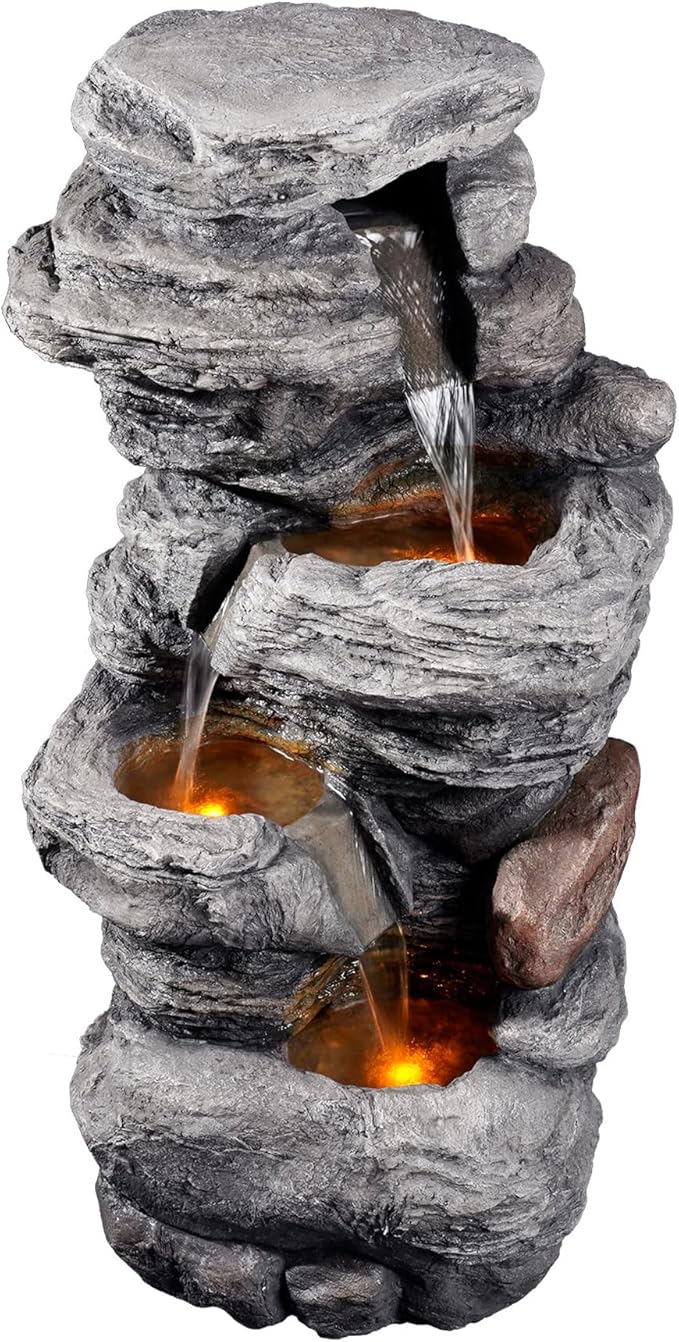Teamson Home 39.37 in. Outdoor Faux Stacked Stone 4-Tier Water Fountain with LED Lights and Pump, Gray - Bloomnest