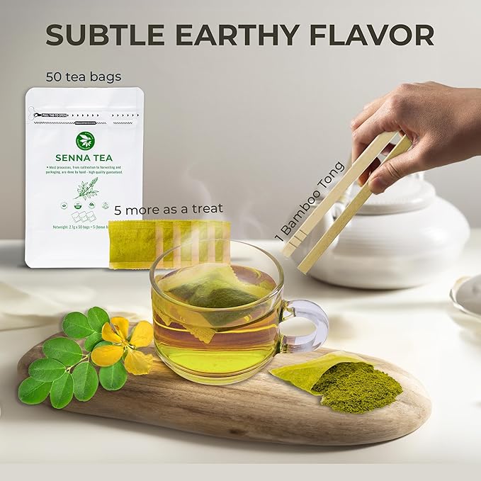 Senna Tea Bags - 55 Count (+5 Tea Bags), 5.29 oz, Bamboo Tong Included, Natural Senna Leaves, Supports Digestive Comfort & Gentle Cleanse, Slightly Bitter Herbal Tea for Daily Wellness - Bloomnest