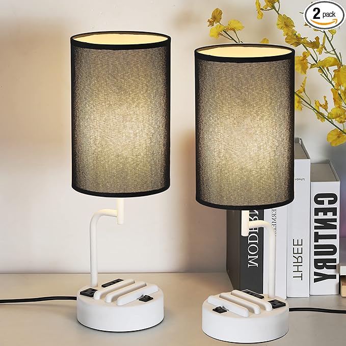 Dreamholder Table Lamp with 3 USB Charging Ports, Modern Desk Lamp with AC Outlet and Phone Stands, Perfect Bedside Lamp for Bedroom, Living Room, Office (Pack of 2), White&Black - Bloomnest