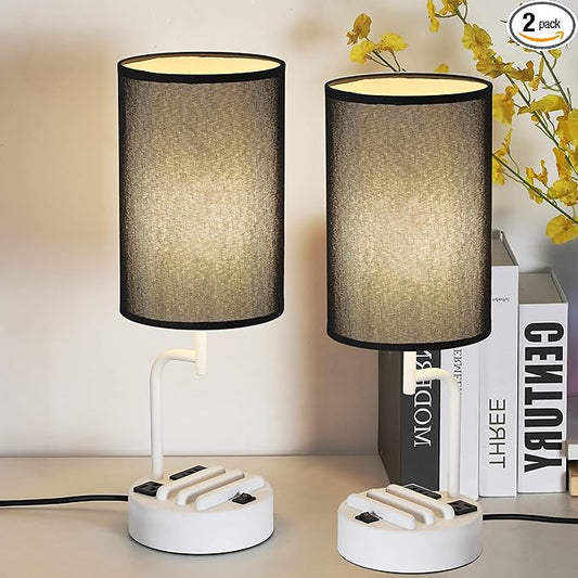 Dreamholder Table Lamp with 3 USB Charging Ports, Modern Desk Lamp with AC Outlet and Phone Stands, Perfect Bedside Lamp for Bedroom, Living Room, Office (Pack of 2), White&Black - Bloomnest