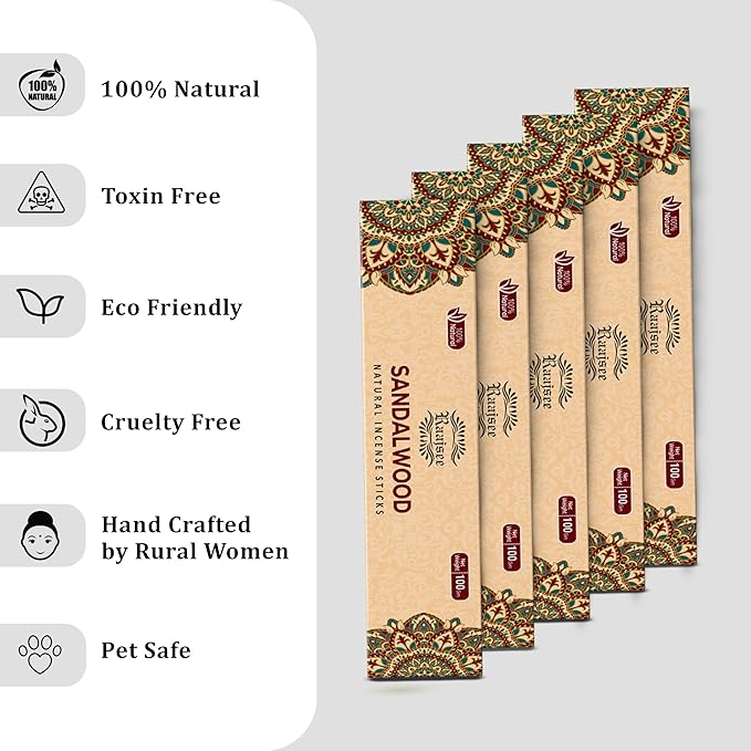 Raajsee Sandalwood Incense Sticks (180 gm), 100% Pure Organic Natural Hand Rolled Free from Chemicals - Sandalwood Incense Perfect for Aromatherapy, Cleansing, Meditation, and Church (Pack of 12) - Bloomnest