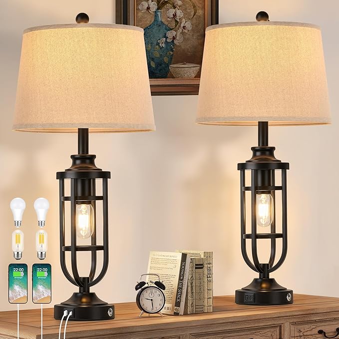 28" Table Lamps for Living Room Set of 2, Farmhouse Lamps for Night Stands with USB A+C, Bedside Lamps for Bedroom End Tables, Bulbs Included, Black - Bloomnest