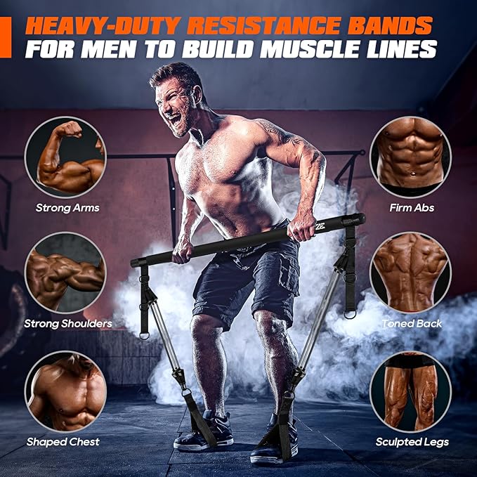 Pilates Bar Kit with Resistance Bands, Heavy Duty Pilates Equipment for Men, Strength Training Bar for Legs, Hip, Back, Arm, Abs, Chest, Shoulders, Portable Home Gym Full Body Workout Equipment - Bloomnest