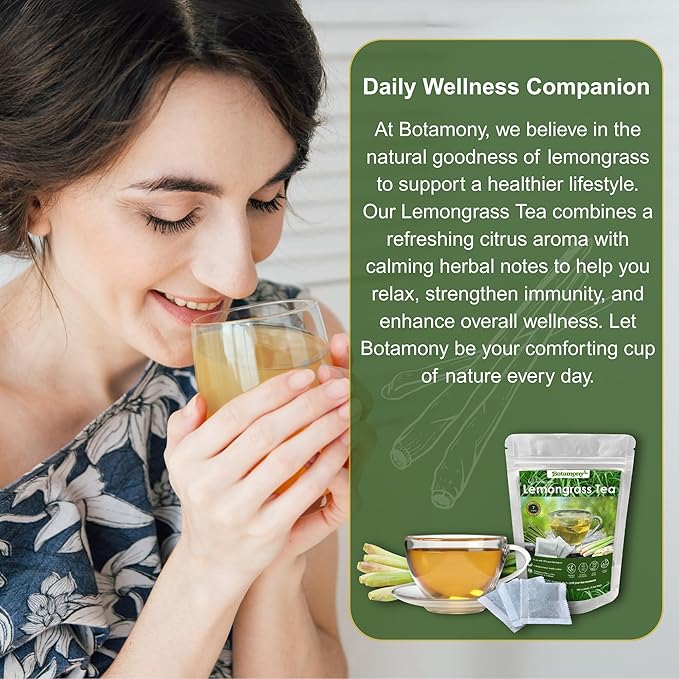 BOTAMONY 75 Premium Lemongrass Tea Bags 1.5g/Bag, 100% Natural Zacate de Limon, Caffeine-Free Herbal Tea for Daily Enjoyment, Refreshing Citrus-Mint Aroma & Smooth Flavor, Non-GMO & Vegan - Bloomnest