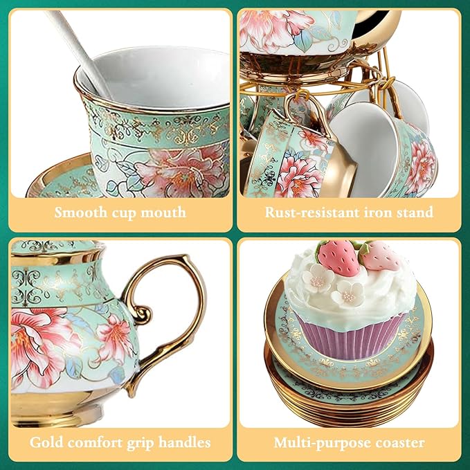 20 Pcs Porcelain Tea Set with Metal Holder, Adult Tea Set Gift, European Ceramic Tea Set for Adults, Flower Tea Cup Saucer Set for Party With Gold Flower Painting (Fresh Green) - Bloomnest