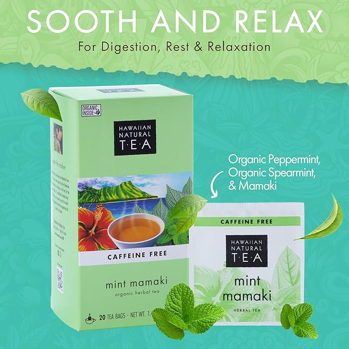 Hawaiian Natural Tea Organic Mamaki Mint Tea Blend - Caffeine Free, Herbal, Antioxidant-Rich For Calming, Wellness, Bedtime, Anxiety & Stress - Gift for Special Ocassions, 20 Bags - Bloomnest
