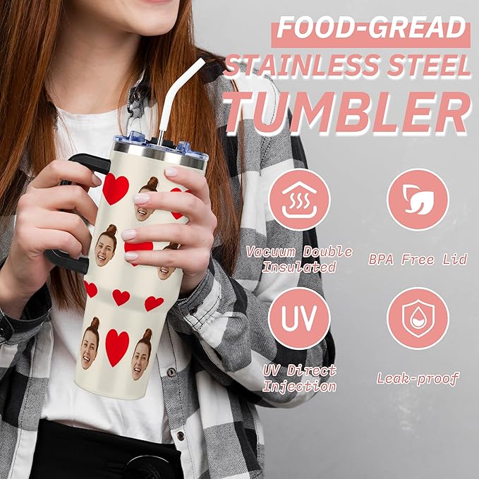 Personalized Tumbler with Photo Face for Women, Custom 40oz Funny Tumblers with Handle and Straw Lid for Couples, Insulated Stainless Steel Travel Coffee Mug, Birthday Valentines Christmas Gag Gifts - Bloomnest