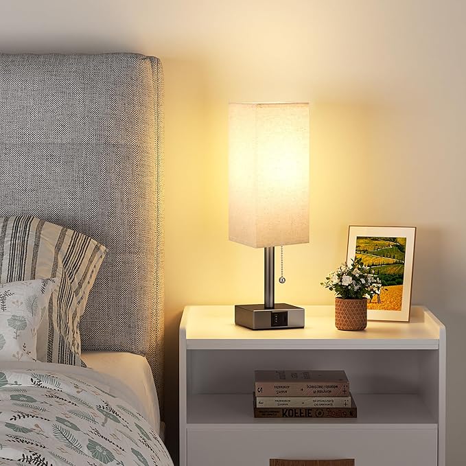 aooshine Beige Small Table Lamp for Bedroom - 3 Color Temperature 3000K 5000K 4000K Bedside Lamp, Pull Chain Control, USB A and C Ports, Brown Base, Bulb Included - Bloomnest
