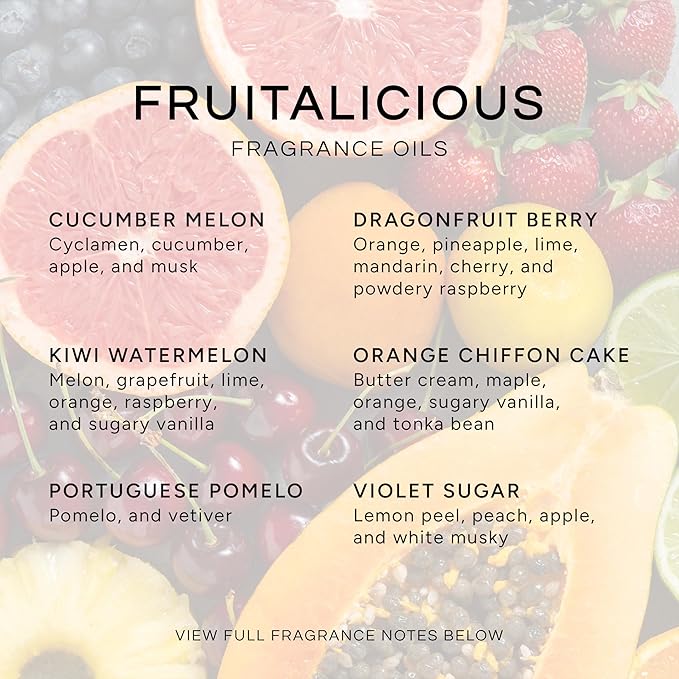 Eternal Essence Oils Fruitalicious Set of 6 Premium Fragrance Oils - Violet Sugar, Kiwi Watermelon, Orange Chiffon Cake, Cucumber Melon, Portuguese Pomelo, and Dragon Fruit Berry Scented Oils - 10ML - Bloomnest