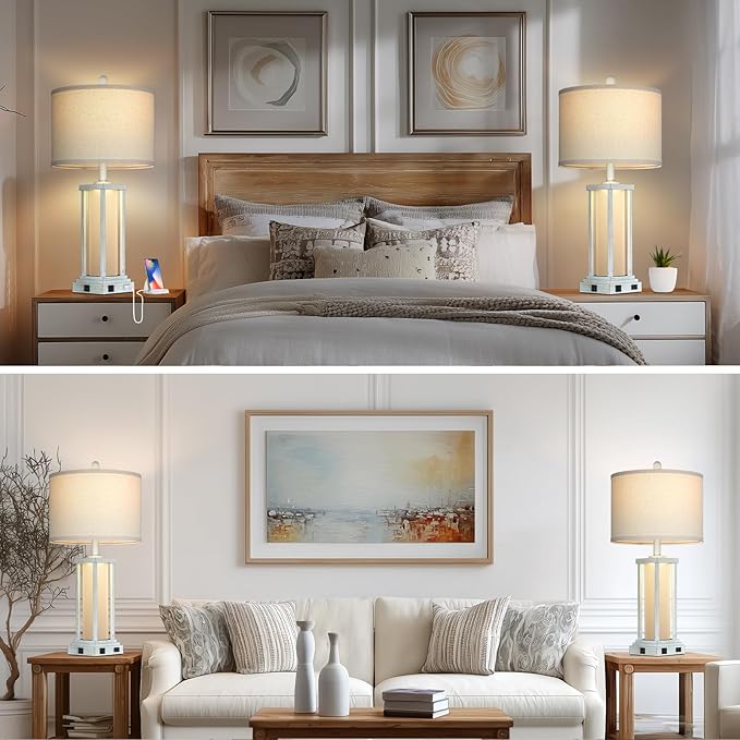 27" Tall Vintage Table Lamp Set of 2 with USB C+A & Outlet,Nightstand Lamp for Living Room,Bedside Lamps with Frosted Glass Night Light for Bedroom Entryway,White - Bloomnest