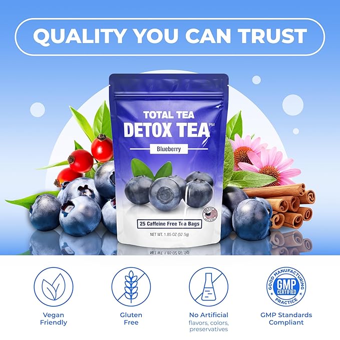 Total Tea SIimming Detox Tea Caffeine Free - 25 Day Detox - Herbal Tea with Chamomile, Hibiscus Tea & Ginger Root for Colon Cleanse – Natural Bluebberry Fruit Tea - Bloomnest