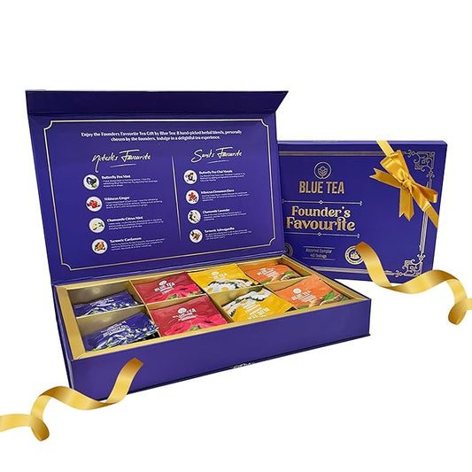 BLUE TEA - Founder’s Favourite Assorted Gift Set | 8 Varieties, 40 Count - Pyramid Plant Based Tea Bag | Caffeine Free - Herbal Tea Sampler | Tea Variety Pack | Gifts for Him and Her - Bloomnest