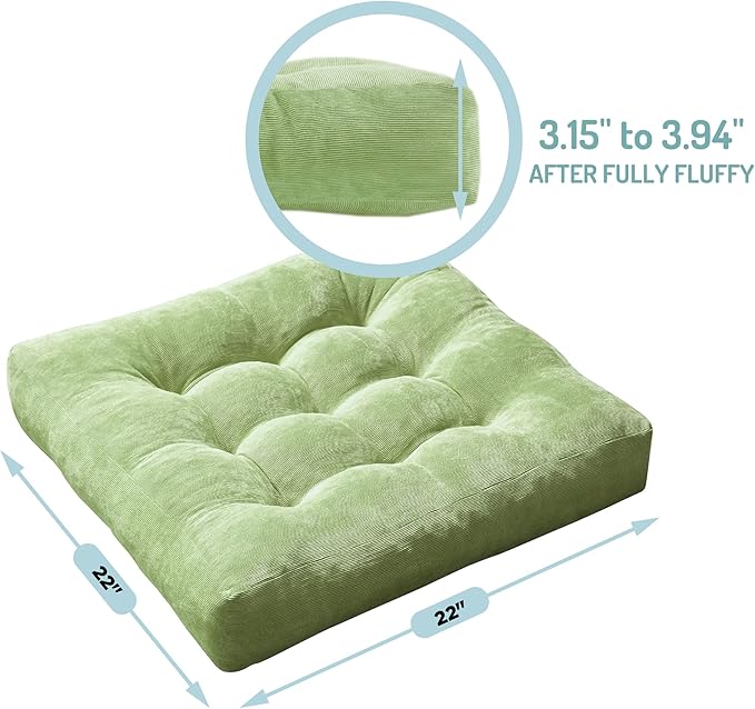 Meditation Floor Pillow Set of 2, Square Large Pillows Seating for Adults, Tufted Corduroy Cushion for Living Room Tatami, Green 22x22 Inch - Bloomnest