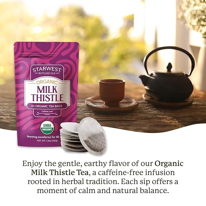 Starwest Botanicals Organic Milk Thistle Seed Tea - Caffeine Free Herbal Tea, Promotes Calm, USDA Organic Milk Thistle Seed, String Free Sachets, Non GMO - 20 Tea Bags - Bloomnest