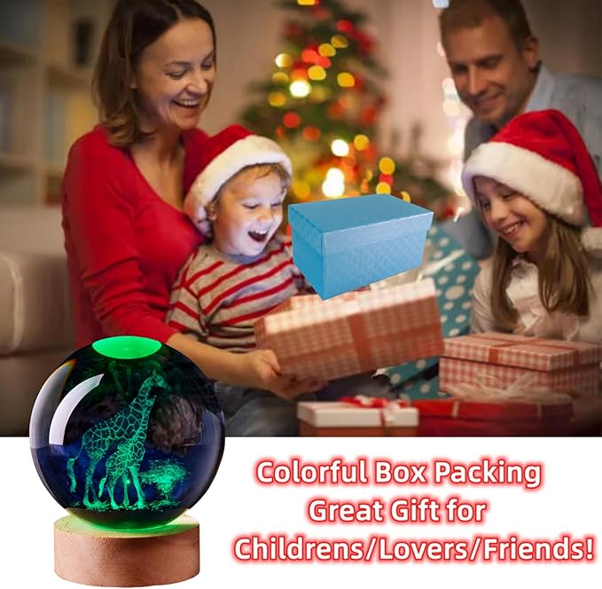 3D Large Giraffe Crystal Ball Night Light with Wooden Base, Giraffes Crystal Lamp Gift for Kids Wife Friends, 16 Color Changing with Remote Control, Laser Engraved 3.15 inch Glass Ball Lamp (Giraffe) - Bloomnest