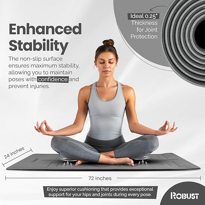 Robust Non-Slip Yoga Mat with Strap, 1/4" Thick TPE Eco-Friendly Workout Mat for Yoga with Position Lines and Texture Surface, Gym Mat for Women, Men, Pilates and Exercises Anti-Tear Sweat-Proof Exercise Mat - Bloomnest