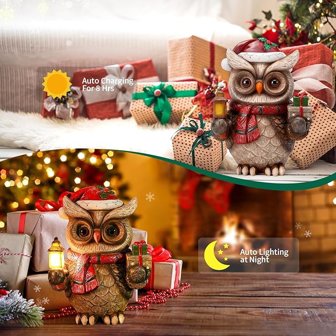 Solar Christmas Owl Decoration Resin Owl Outdoor Statue with LED Lantern for Porch Garden Patio Yard Home Decor Christmas Housewarming Gifts for Women Mom - Bloomnest