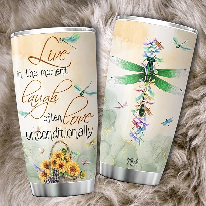 Live Laugh Love Dragonfly Insulated Tumbler 20 Oz Sunflowers Dragonflies Vintage Animal Print Coffee Cup With Lid Cute Dragonfly Things Motivational Birthday Gifts For Women - Bloomnest