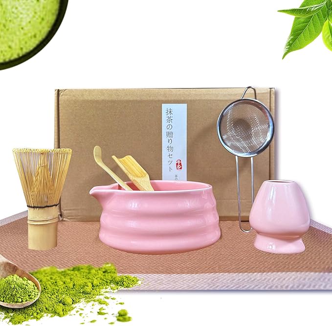 Pink Matcha Tea Set, 6pcs Matcha Whisk Set Pink, Matcha Ceremony Accessory, Whisk Holder, Matcha Bowl, Matcha Whisk, Bamboo Scoop, Sifter, Ceramic Matcha Bowl Tea Ceremony Accessory for Making Matcha - Bloomnest