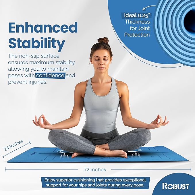 Robust Non-Slip Yoga Mat with Strap, 1/4" Thick TPE Eco-Friendly Workout Mat for Yoga with Position Lines and Texture Surface, Gym Mat for Women, Men, Pilates and Exercises Anti-Tear Sweat-Proof Exercise Mat - Bloomnest