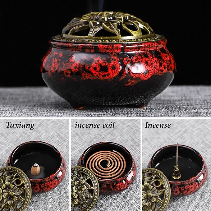 Ceramic Incense Burner with Lid, Bowl Burner， Cone Incense Burner, Ceramic Censer Suitable for Incense/Cone/Coil/Sticks, There are 30 Incense Cones+ Metal Incense Holder+Fireproof Cotton Inside. - Bloomnest