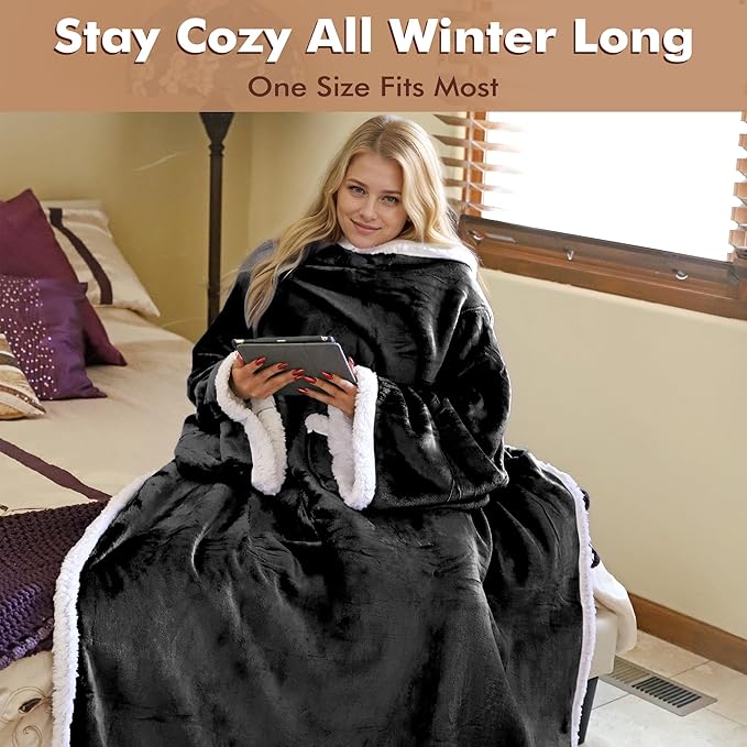 Tirrinia Sherpa Wearable Blanket With Sleeves, Full Body Throw Reading Wrap TV Blankets - Bloomnest