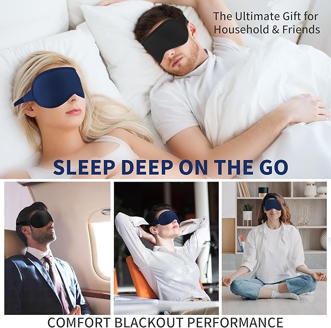 3D Sleep Mask for Men Women 2 Pack, Blackout Eye Mask for Sleeping eye Mask for Side Sleeper, Memory Foam Adjustable&Washable, Airplane Travel Essentials Couples Yoga Meditation Office Black&Dark-Blue - Bloomnest