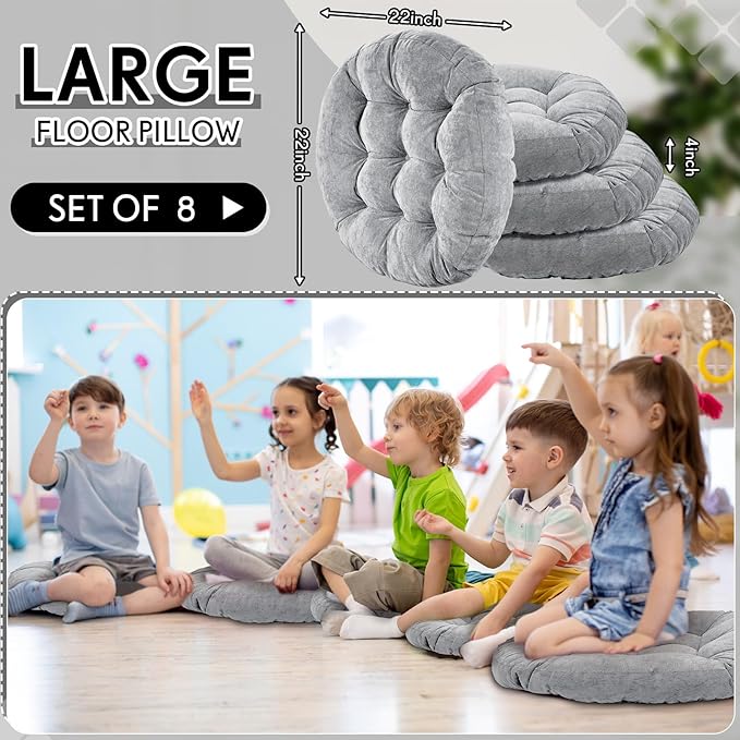 Jerify 8 Pcs Round Floor Pillows Cushions 22 x 22 Inch Large Flexible Seating Cushion Classroom Furniture Floor Pillow for Kids Adults Home Daycare Preschool Yoga Meditation Gift (Light Gray) - Bloomnest