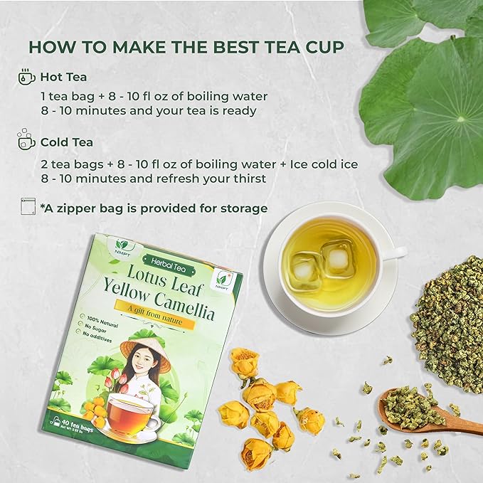 NMPT Dried Lotus Leaf Yellow Camellia Tea, Handpicked, Organic Herbal Tea, 40 Sachets, Cold-Dried, Gluten-Free, No Added Sugar, Mild Sweet Flavor, Supports Overall Health - Bloomnest