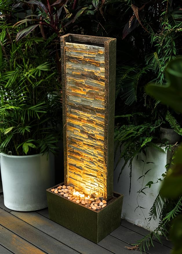 Cheng Pin Indoor Water Fountain -Staggered Stone Wall Design,Create Relaxing Ambiance to Decor Your Living Room,Office,Bedroom Or Outdoor Garden with Waterfall Water Feature and LED Lights,38in. Tall - Bloomnest