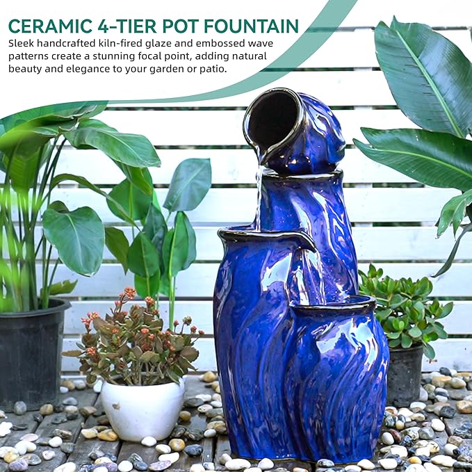 29" Tall Ceramic Water Fountain Outdoor with LED Lights, 4-Tier Cascading Waterfall Garden Fountain, Ideal for Serene Relaxing Patio, Yard or Porch, Cobalt Blue Glaze, Dynamic Wave-Texture - Bloomnest