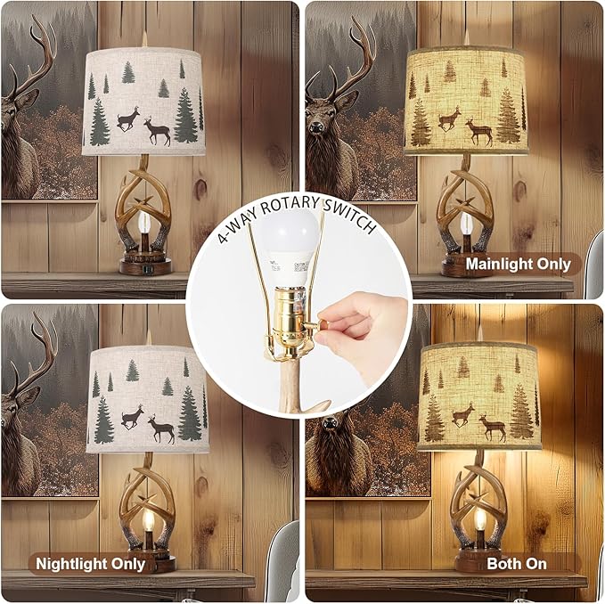 Scenekoy Rustic Farmhouse Antlers Table Lamp Set of 2 with Nightlight Dual USB Ports Linen Fabric Round Shade Bedside Lamp Decor for Living Room Bedroom Office House - Bloomnest