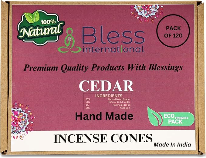 Bless International Cedar 100%-Natural-Incense-Cones Handmade-Hand-Dipped Organic-Chemicals-Free for-Purification-Relaxation-Positivity-Yoga-Meditation The-Best-scents (120 Count)