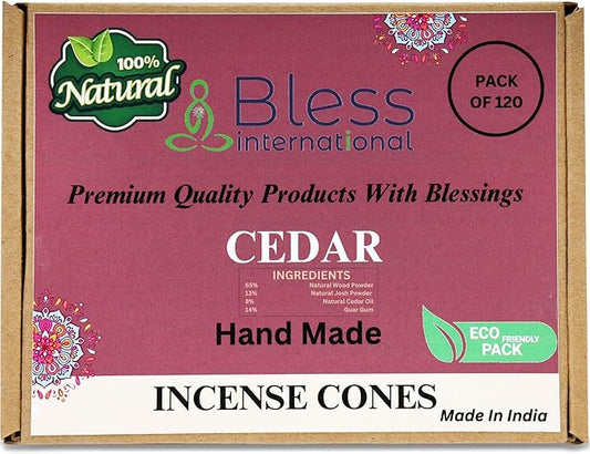 Bless International Cedar 100%-Natural-Incense-Cones Handmade-Hand-Dipped Organic-Chemicals-Free for-Purification-Relaxation-Positivity-Yoga-Meditation The-Best-scents (120 Count)