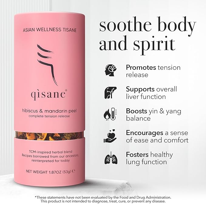 qìsane Organic Hibiscus Tea Bags with Mandarin Peel - Loose Leaf Hibiscus Tea, Organic Licorice Root, Cassia Seeds - Tangy Citrus Flavor to Help Support Strain and Tension - 10 sachets (~30 cups) - Bloomnest
