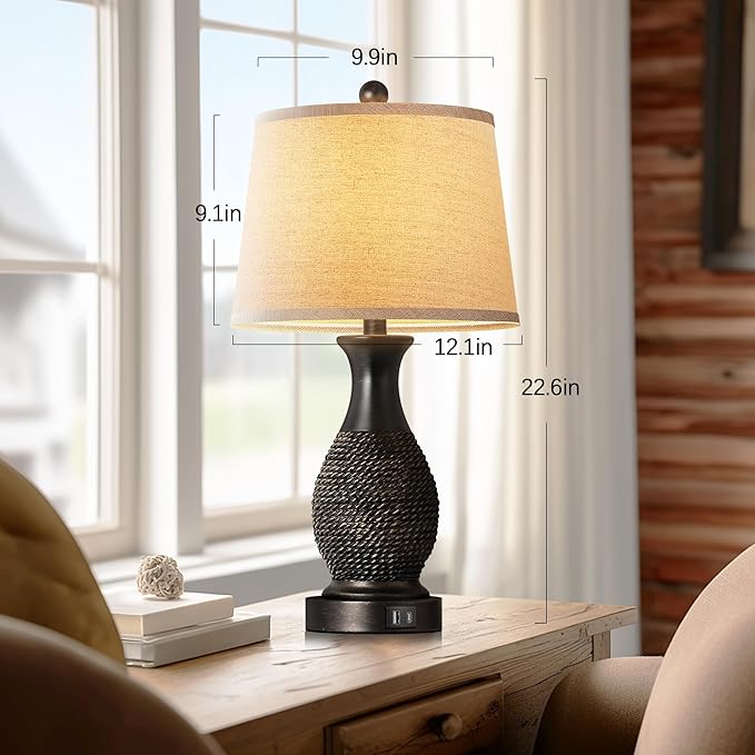PARTPHONER Table Lamps Set of 2, Bedside Touch Lamp with USB C+A Charging Ports, Side Table Lamp with Linen Fabric Shade (LED Bulbs Included), Black with Gold Accents - Bloomnest