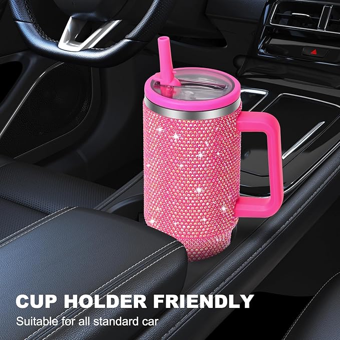 40 oz Tumbler with Handle and Flip Straw Lid, Insulated Leak Proof Double Walled Stainless Steel Rhinestone Diamond Studded Bling Travel Mug Tumblers, Maintains Cold Ice and Heat for Hours - Bloomnest