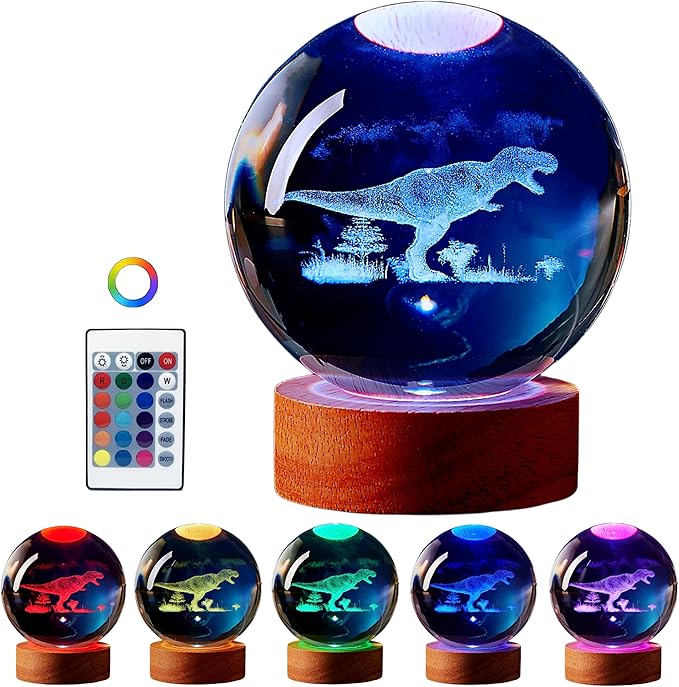 Dinosaur Crystal Ball Lamp, 3D K9 T-Rex, 3.15in USB Powered, 16 Colors Change, Remote Control, Night Light with Wooden Base, Gift Box - Bloomnest