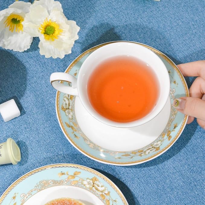 Bone China Tea Set, 21-Pieces Porcelain Tea Set for Adults, Tea Cups And Saucers for 6, with Teapot, Spoons, Sugar Bowl, Creamer Pitcher, Vintage Tea Set for Women Tea Party (Green) - Bloomnest