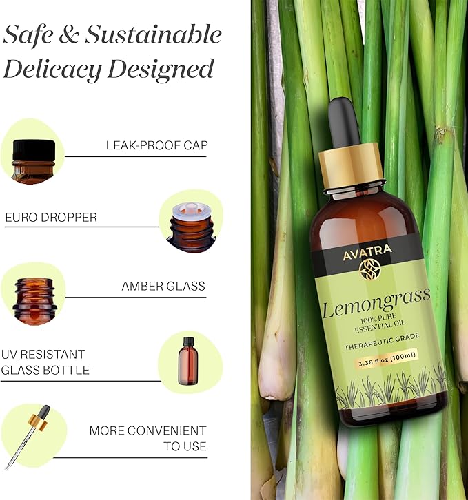 Avatra Lemongrass Essential Oil 100ML (3.38 OZ) with Glass Dropper and Travel Bottle, Pure and Natural Therapeutic Grade Lemongrass Oil for Diffuser, Aromatherapy, Massage, and DIY Candle Products - Bloomnest