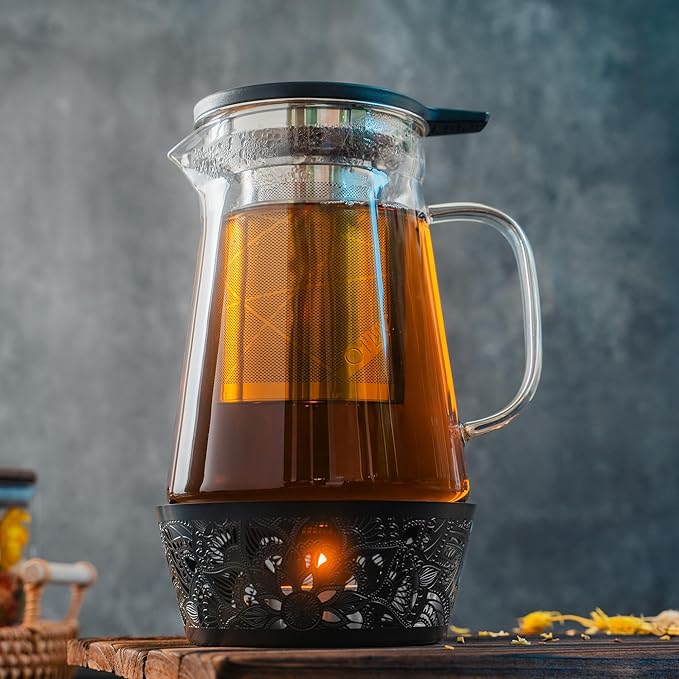 Elegant Glass Teapot with Built-In Tea Infuser & Stainless Steel Candle Warmer Base - 500ml, Premium Gift Set for Tea Lovers, Perfect for Brewing and Keeping Tea Warm (500ml) - Bloomnest