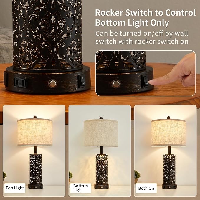 26" Farmhouse Table Lamp Dual Light 3-Way Dimmable Touch Control, 2 USB Ports + AC Outlet Rustic Bedside Lamp for Living Room Bedroom and Nightstand with Nightlight (Black-1 Pack) - Bloomnest