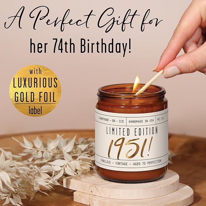 74th Birthday Gifts for Women - 'Limited Edition 1951' Soy Candle, w/Champagne on Ice I 74 Birthday Gifts for Women I 74th Birthday Gift for Her Ideas I 9oz Reusable Jar, 50Hr Burn, Made in USA - Bloomnest