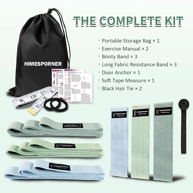 9 PCS Fabric Resistance Bands Set for Working Out, Non-Slip Exercise Booty Bands for Women & Men Leg and Glutes with Hair Ties and Tape Measure - for Home Gym Workout, Yoga, Pilates - Bloomnest
