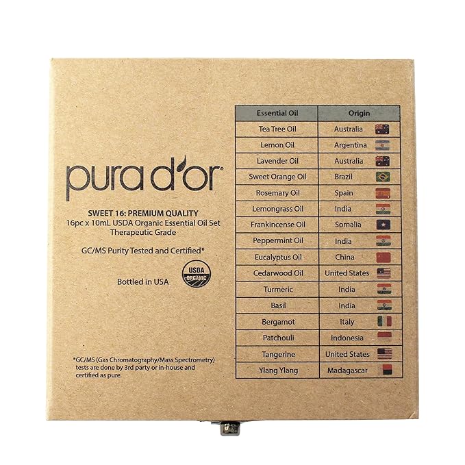 PURA D'OR Organic Sweet16 Essential Oils Set - 16x 10mL Wood Box Aromatherapy Gift Set - 100% Pure Therapeutic Grade for Relaxation and Wellness (Lavender, Rosemary, Turmeric, Ylang Ylang & More) - Bloomnest