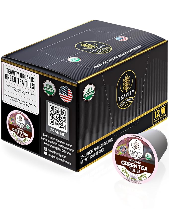 Organic Tulsi Tea Pods with Unsweetened Caffeinated Green Tea Pods for Keurig - Tulsi Green Tea by Teavity (12 Tea Pods) - Bloomnest