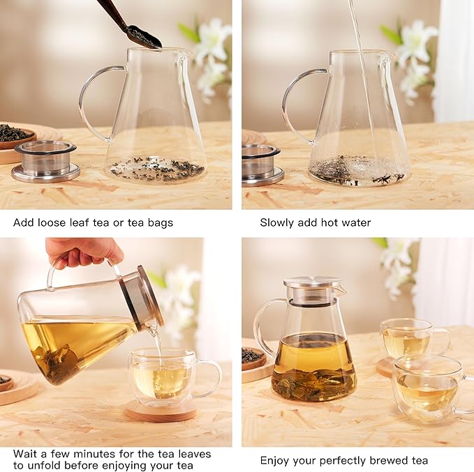 CNGLASS 30.5oz/900ml Glass Teapot Stovetop Safe,One-Touch Clear Tea Kettle,Blooming and Loose Leaf Tea Maker - Bloomnest