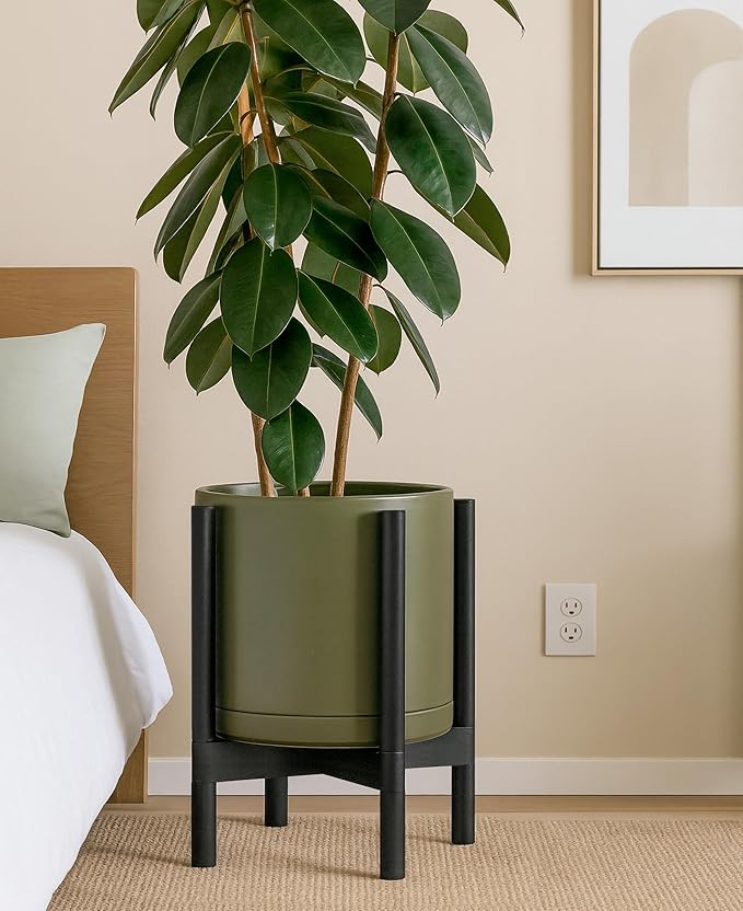 D'vine Dev Ceramic Planter with Ebony Stand - 12 Inch Modern Round Flower Pot with Wood Planter Holder, Olive, 55-B-H-J - Bloomnest