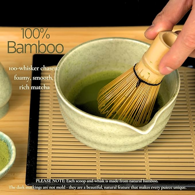 Matcha Whisk Set, Matcha Set, Handcrafted Bamboo Chasen & Ceramic Bowl Matcha Kit, 5 Pcs Matcha Set Whisk and Bowl with Stainless Steel Sifter, Tea Ceremony, Jade - Bloomnest
