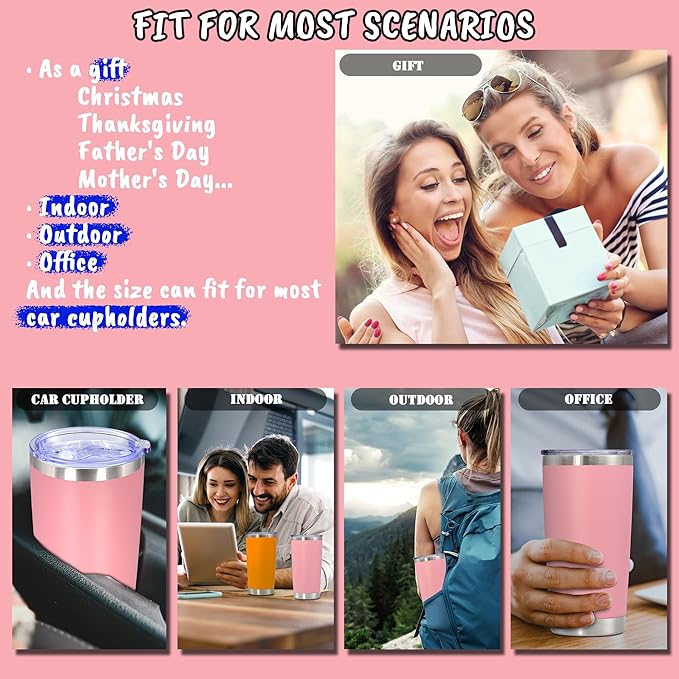 20 oz Tumbler with lid Double Wall Vacuum Insulated Tumblers Stainless Steel Coffee Mug Travel Coffee Tumbler Powder Coated Tumbler Cup Keep Hot&Cold - (Pink 1 Pack)